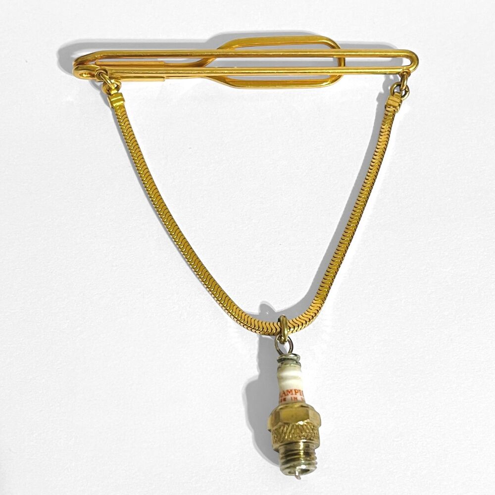 Vintage Forstner Sparkplug Tie Bar Clip Chain 1/20 12KT Gold Filled Unique USA